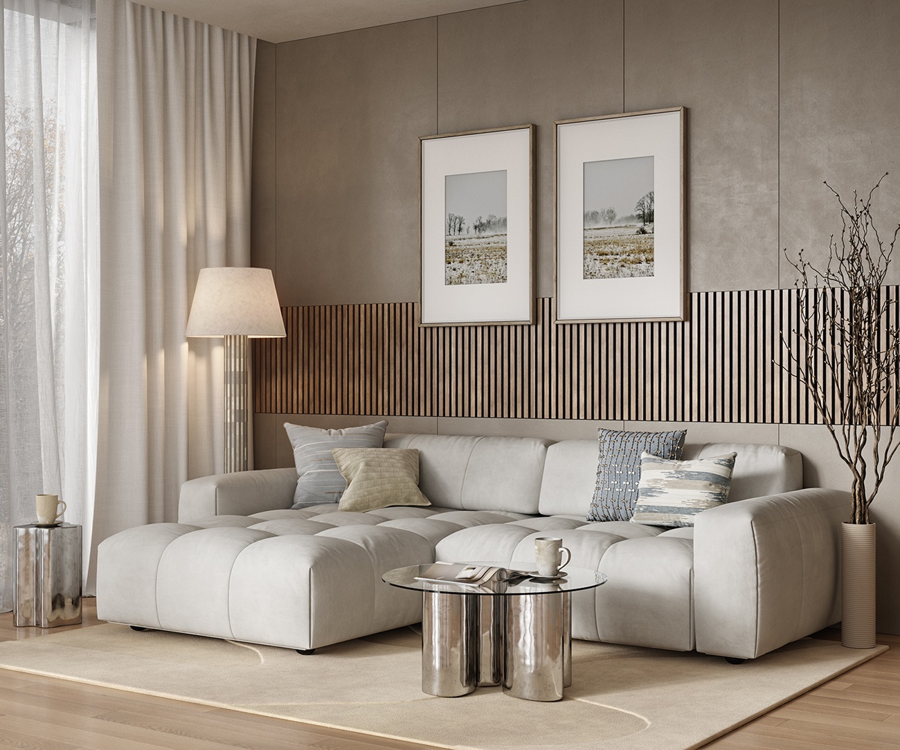 МДФ стеновая панель акустическая Cosca Decor Сканди Ясень Тирамису черный войлок 1200×600×19 фото в интерьере